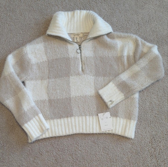 Sweaters - Jessica Simpson 1/4 Zip Cowl Neck Pullover Soft Sweater Size Small Plaid Cropped